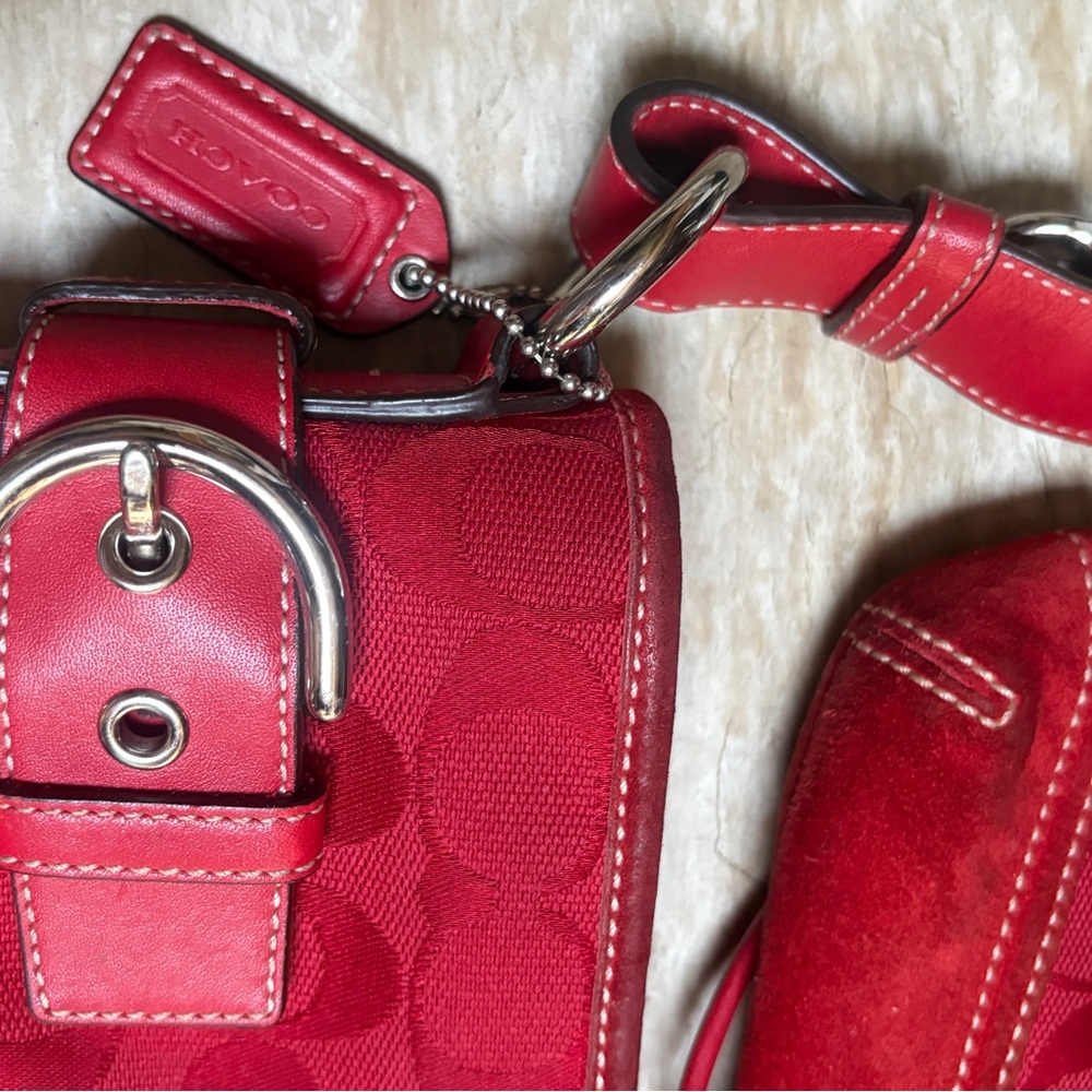 Coach Red Signature Crossbody Bag + Pouch Set Leather Trim - Picture 4 of 10